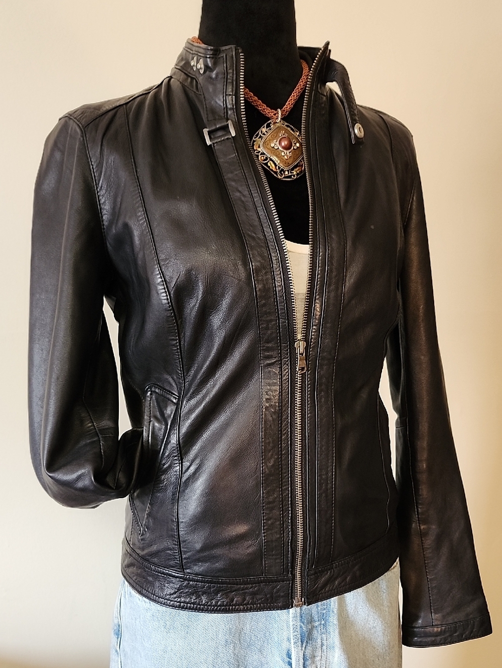 Le Château Genuine Leather Moto Jacket Black Silver Zip Womens XS